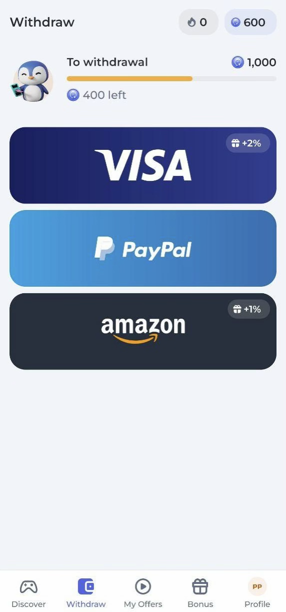 PenguPace rewards and withdrawal screen 1