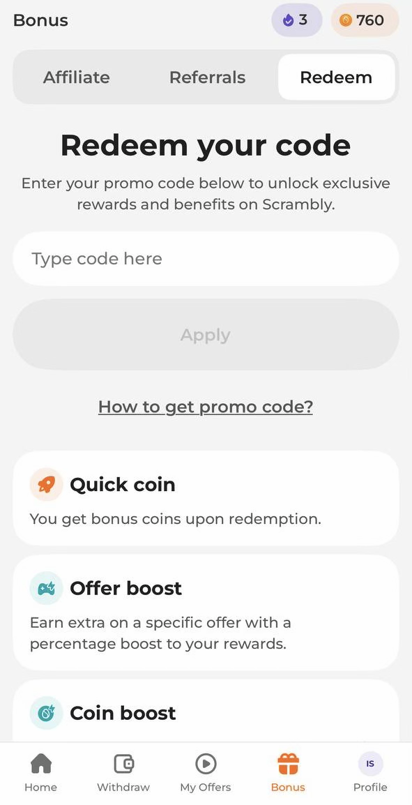 Scrambly promo code section 3 showing successful code redemption