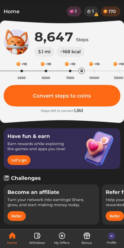 Scrambly step conversion screen 1 showing convert steps to coins button