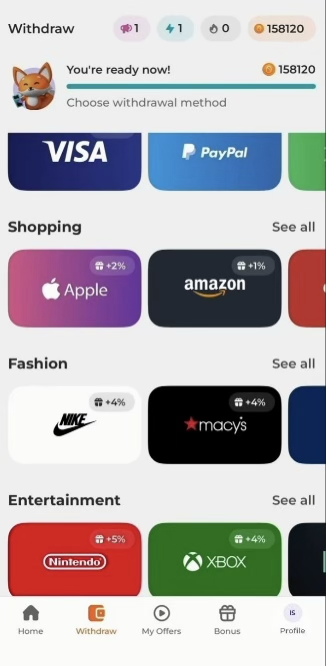 Scrambly withdrawal methods 2 showing Amazon and Apple gift cards