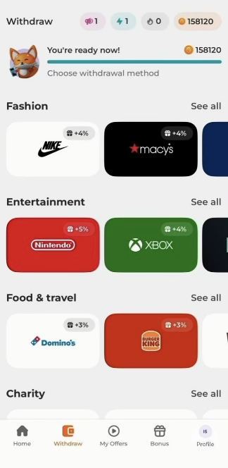 Scrambly withdrawal methods 3 showing Nike and Macy's gift cards