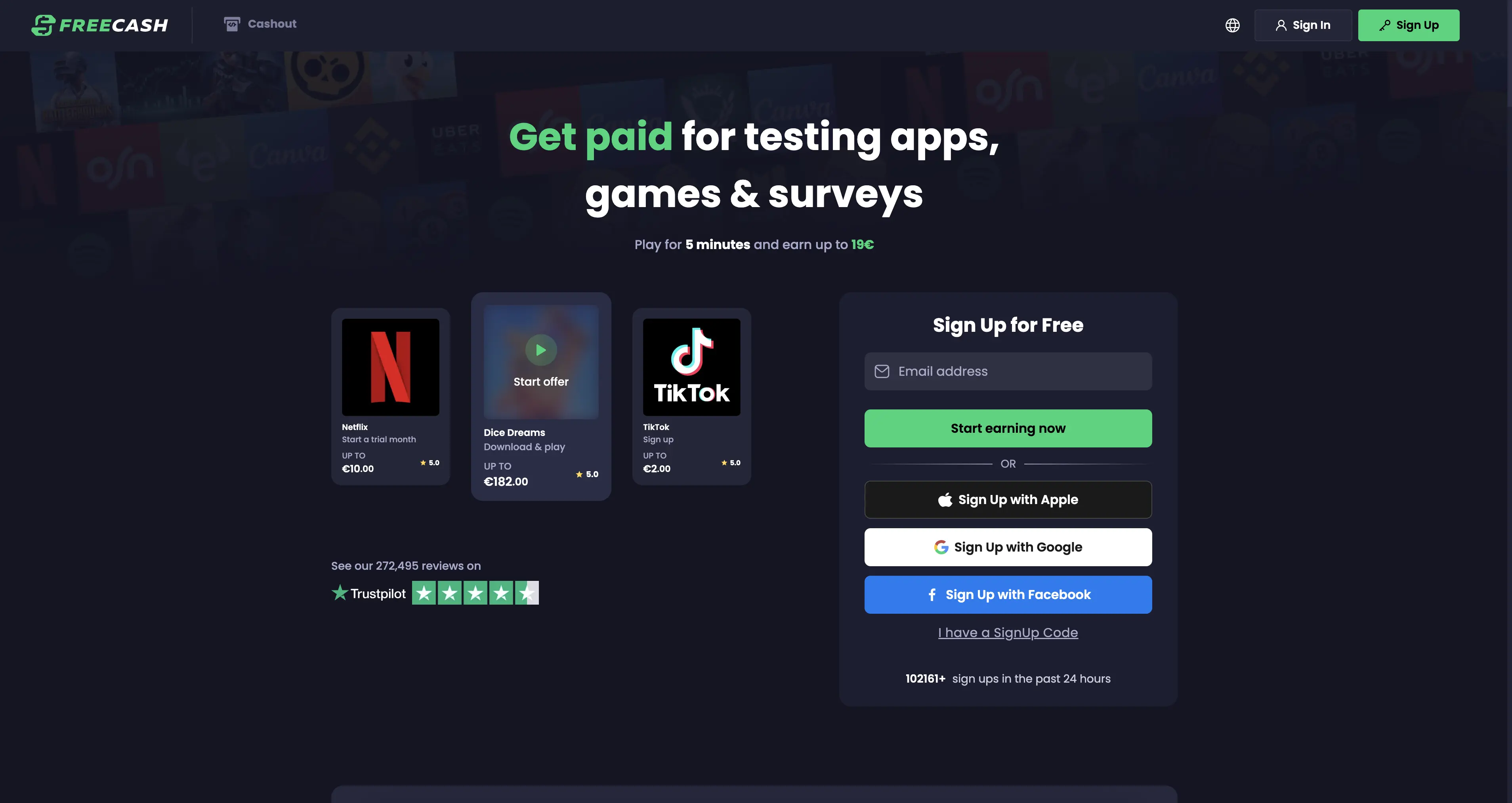 Freecash offer wall — tasks with coin values