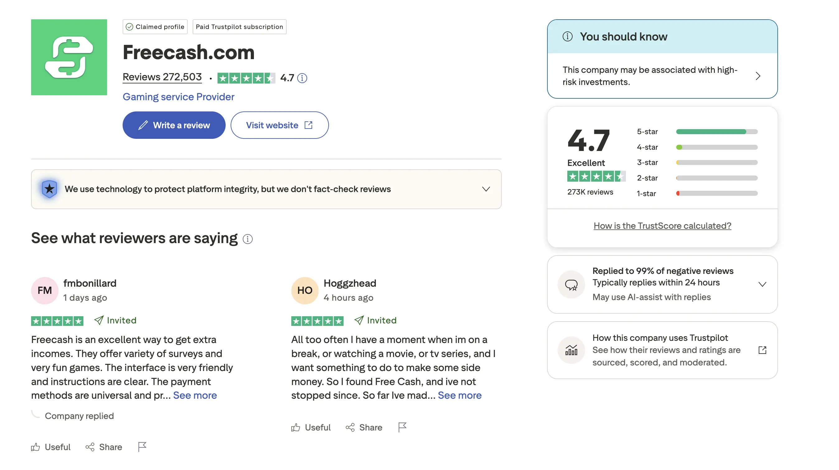 Freecash Trustpilot reviews — 4.7 stars