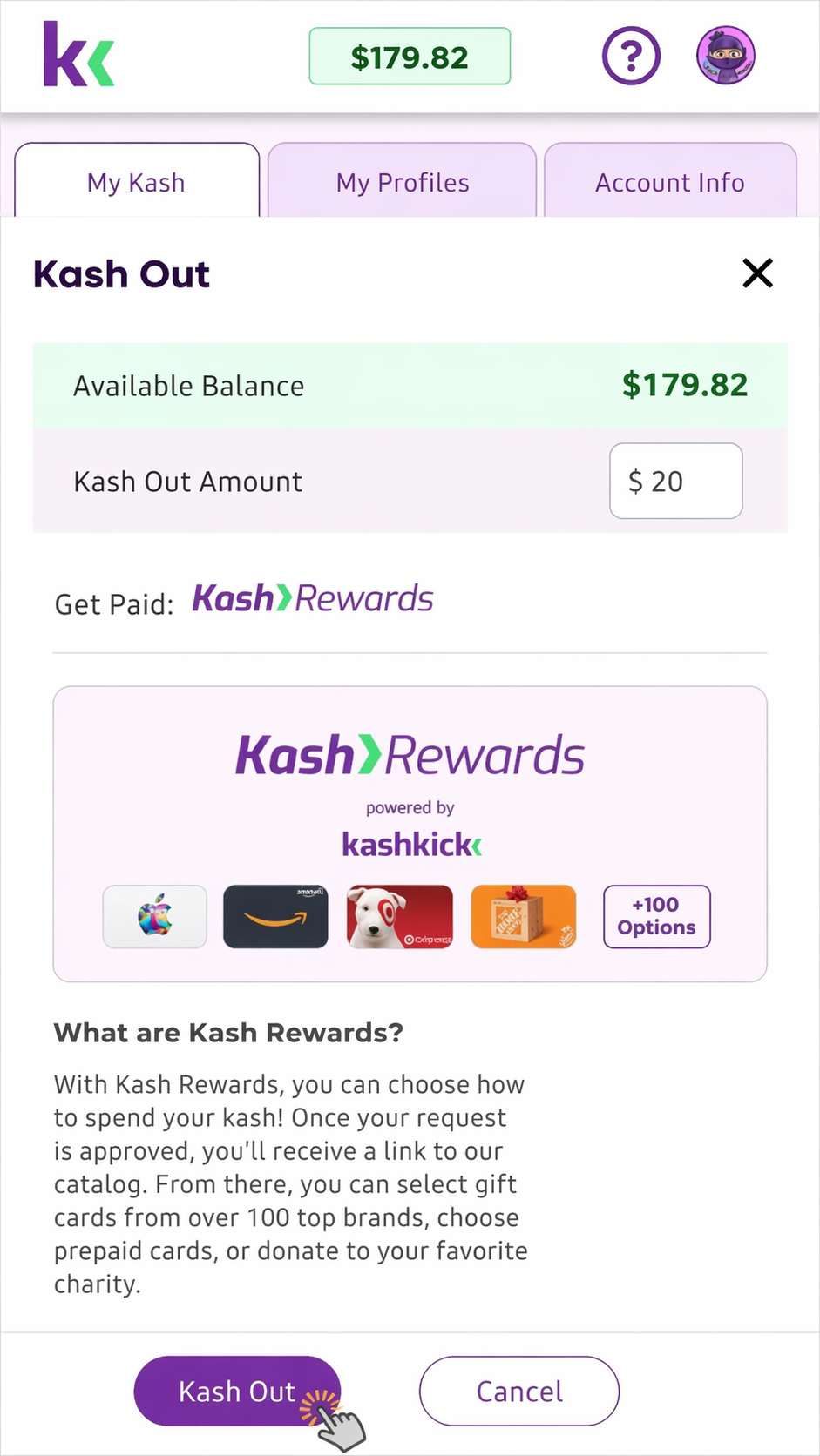 KashKick cashout screen — withdraw to PayPal