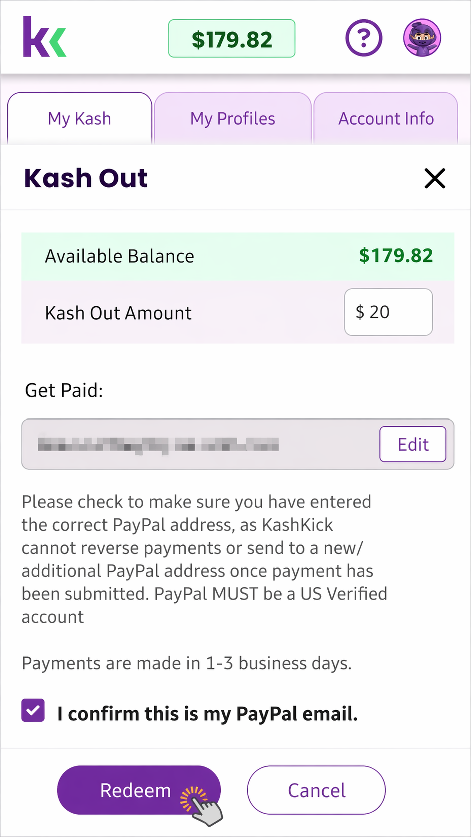 KashKick cashout screen — Venmo payout