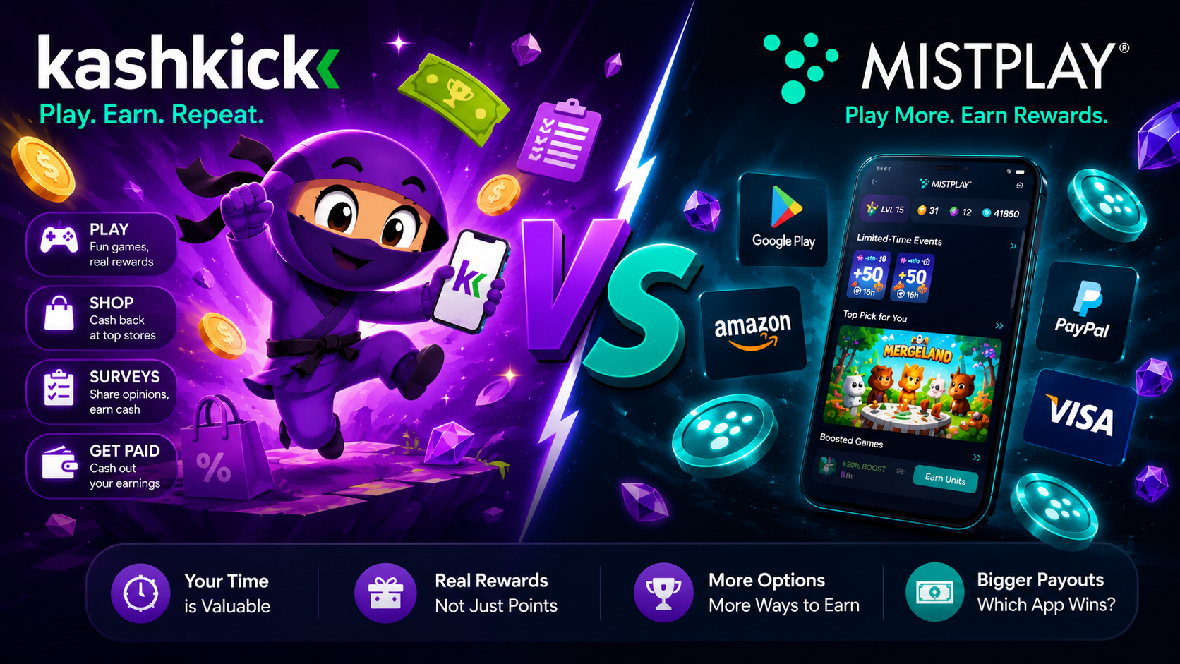 KashKick vs Mistplay comparison — two money-earning apps side by side