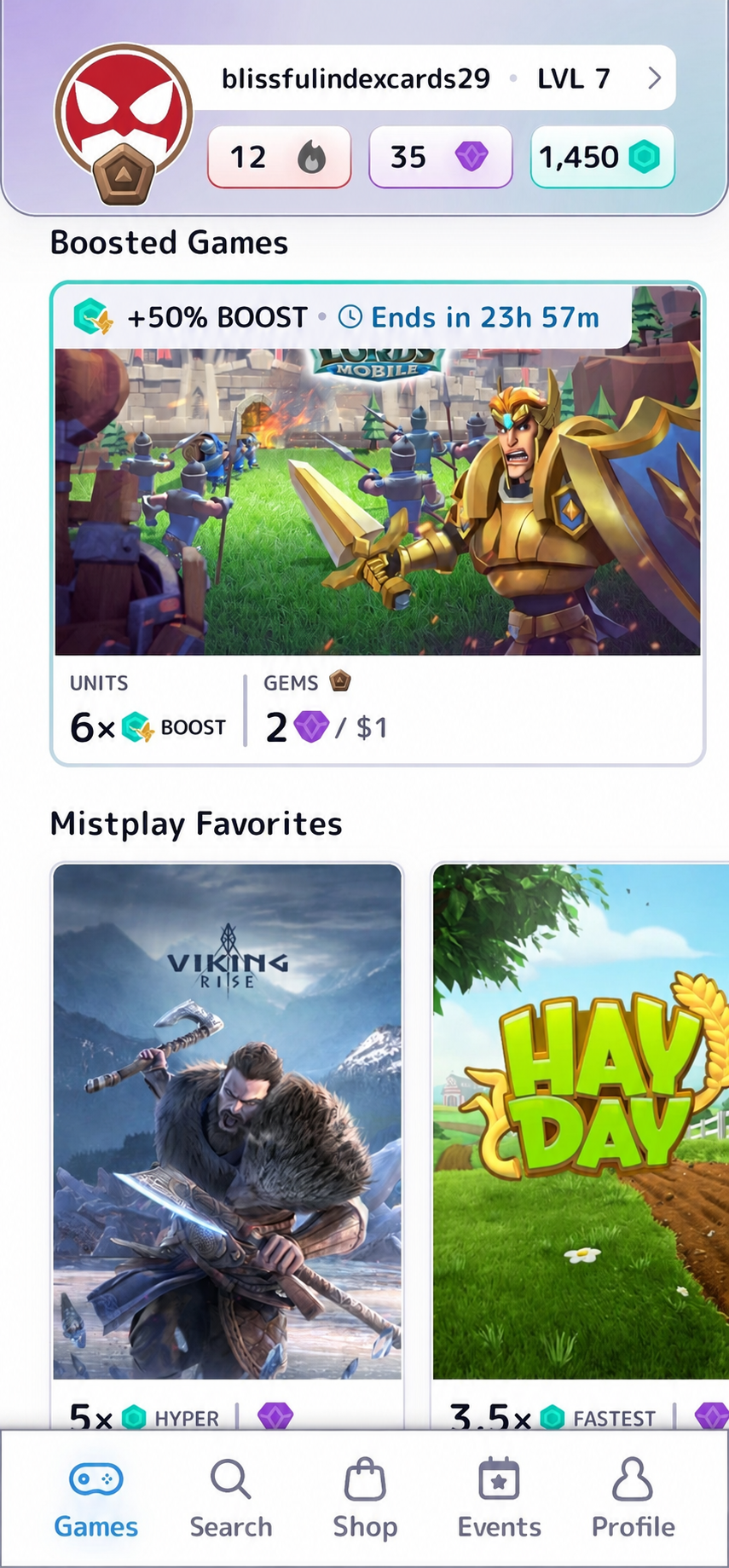 Mistplay app game library showing earn rates per game