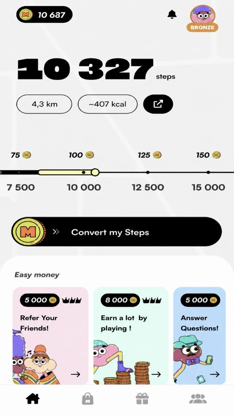 Macadam app interface showing step tracking and daily reward conversion