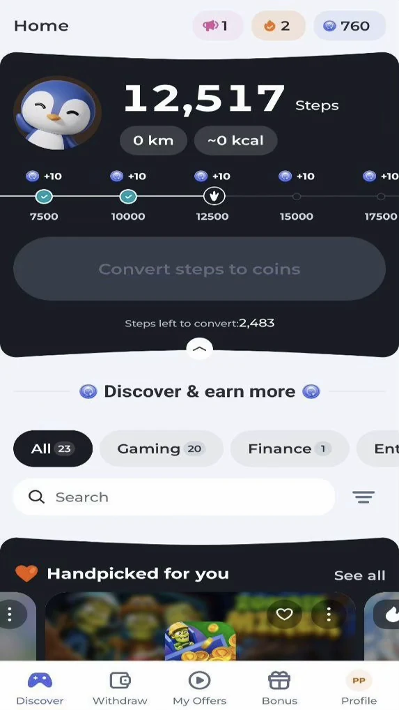PenguPace app interface showing step milestones and integrated offers