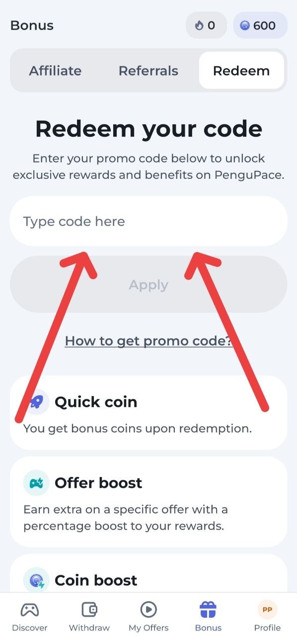 PenguPace app promo code redemption screen