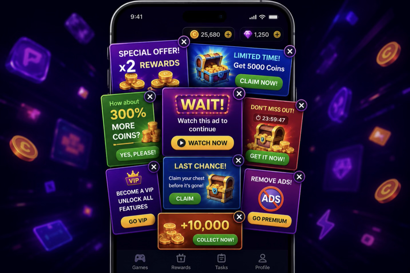 Overloaded mobile game with stacked popup ads and forced ad walls