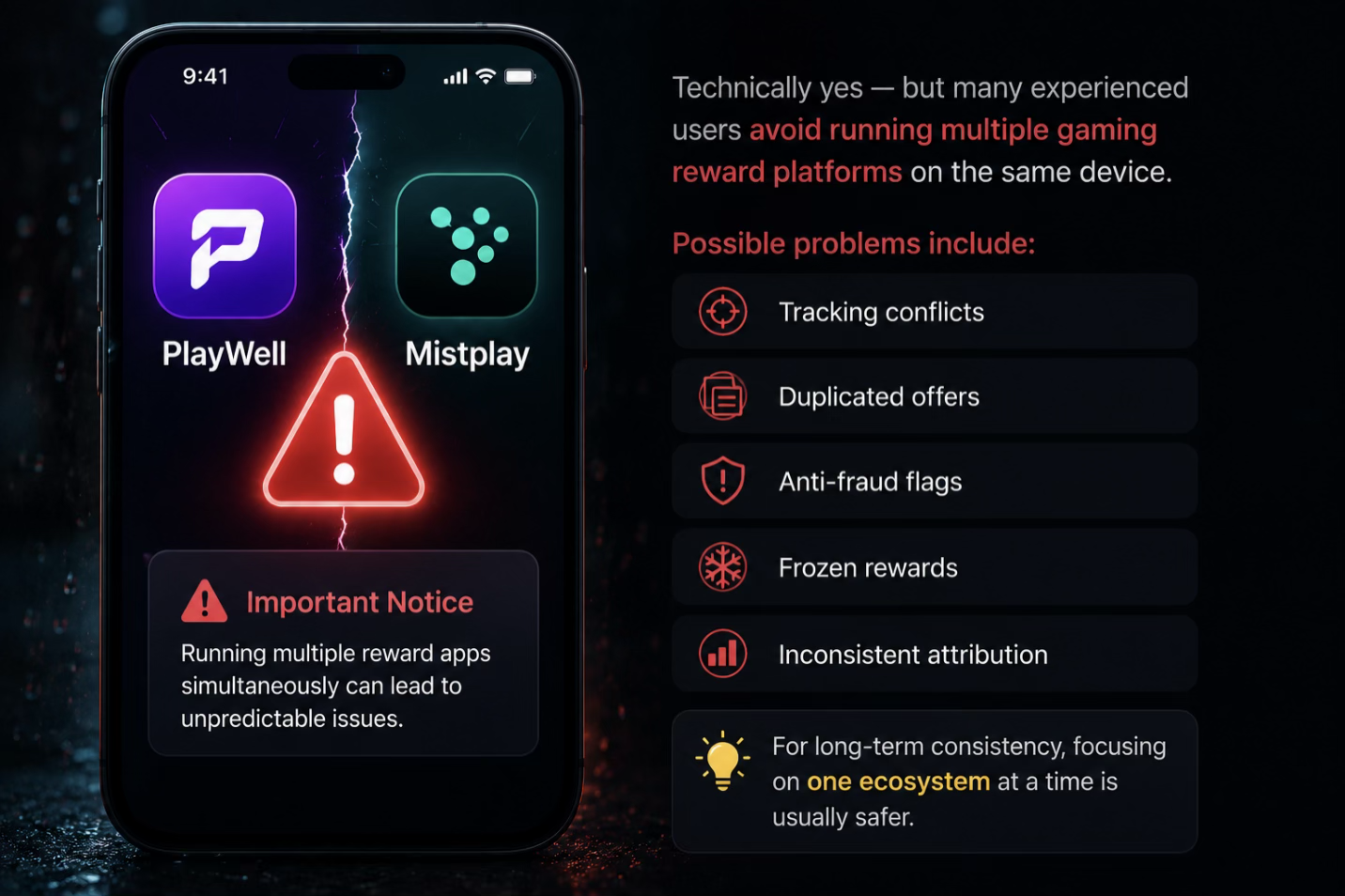 Phone showing PlayWell and Mistplay apps with warning symbol — risks of using both simultaneously
