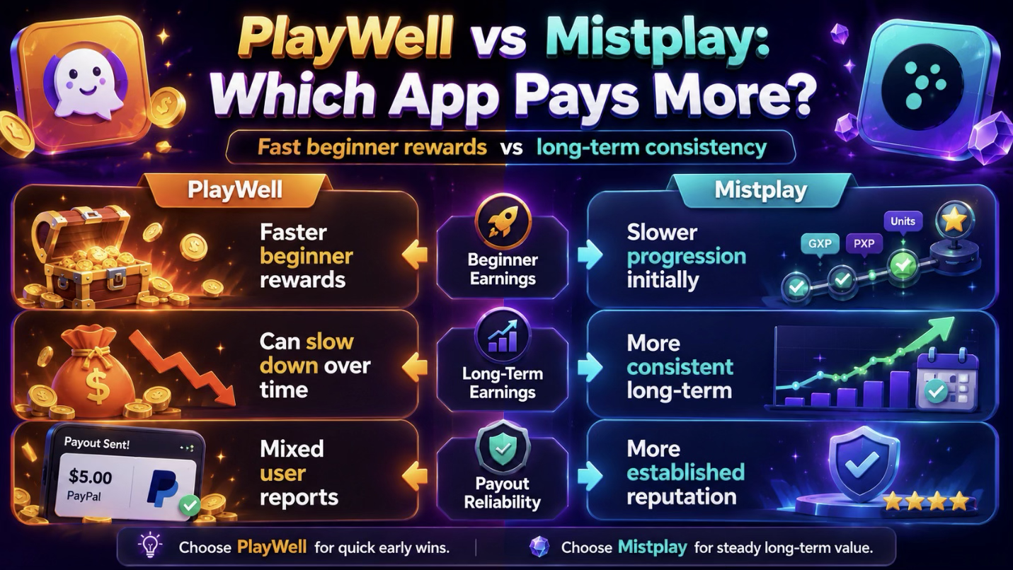 PlayWell vs Mistplay comparison: beginner earnings, long-term earnings, payout reliability