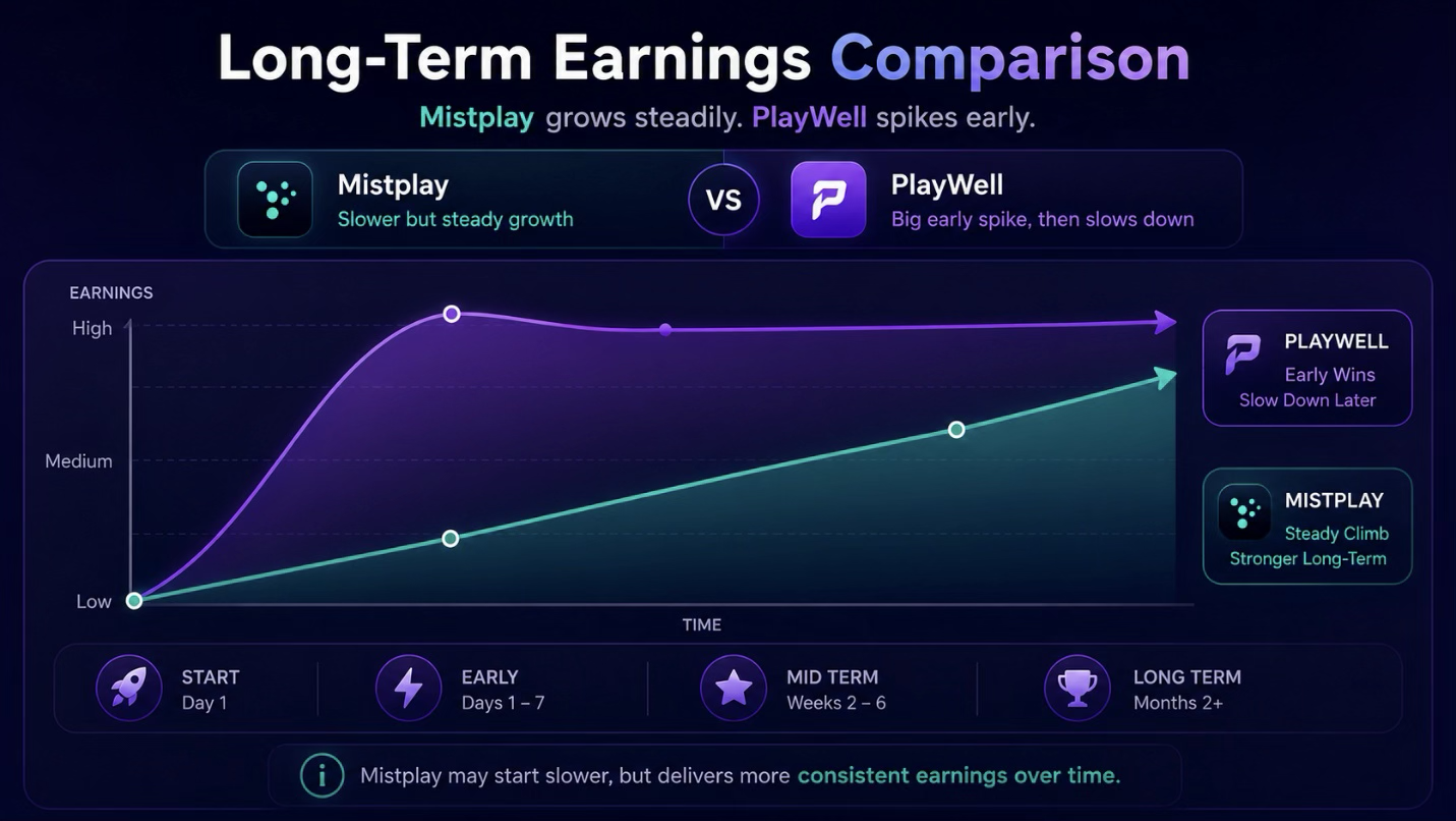 Long-term earnings chart: Mistplay steady growth vs PlayWell early spike then decline