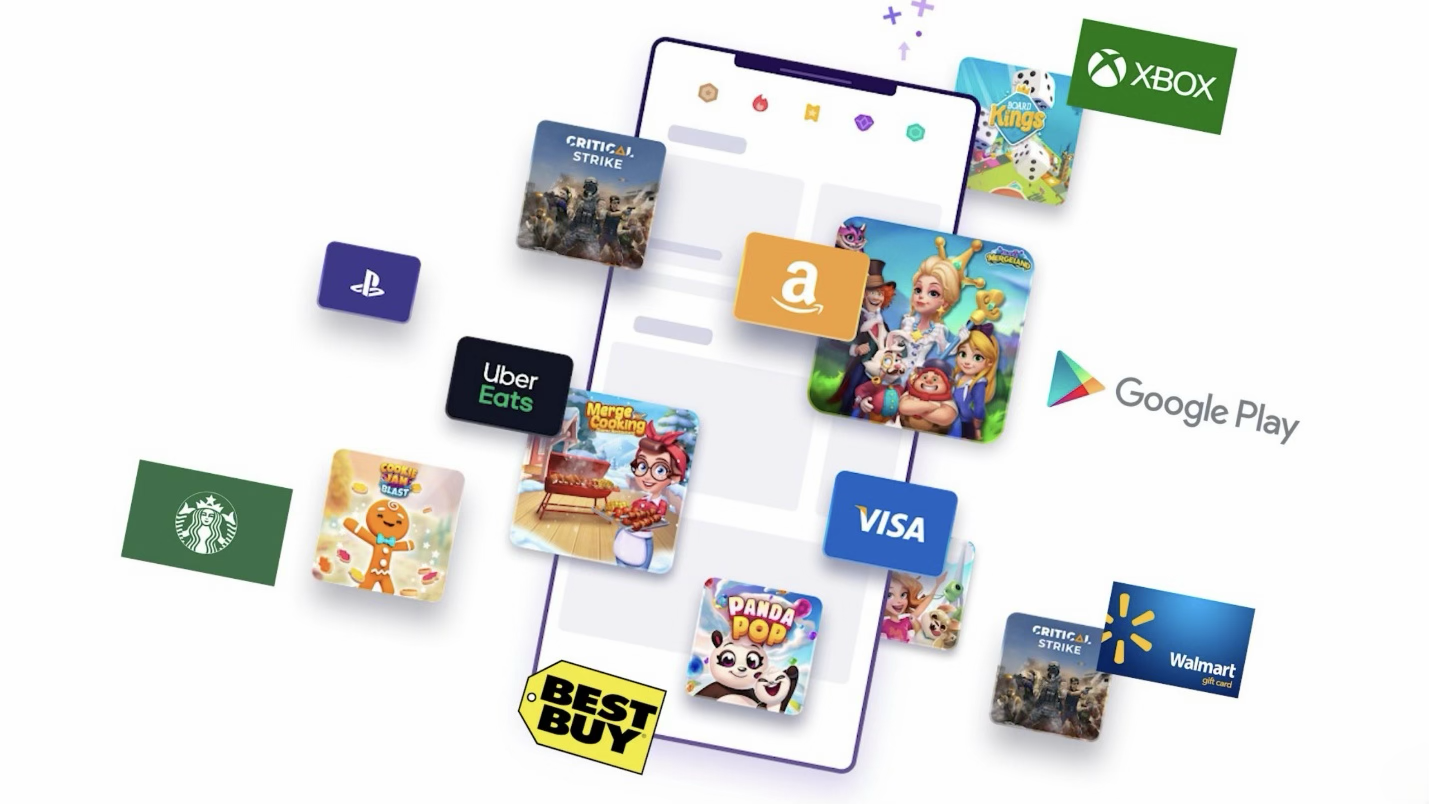Mistplay reward redemption screen showing gift cards and PayPal options