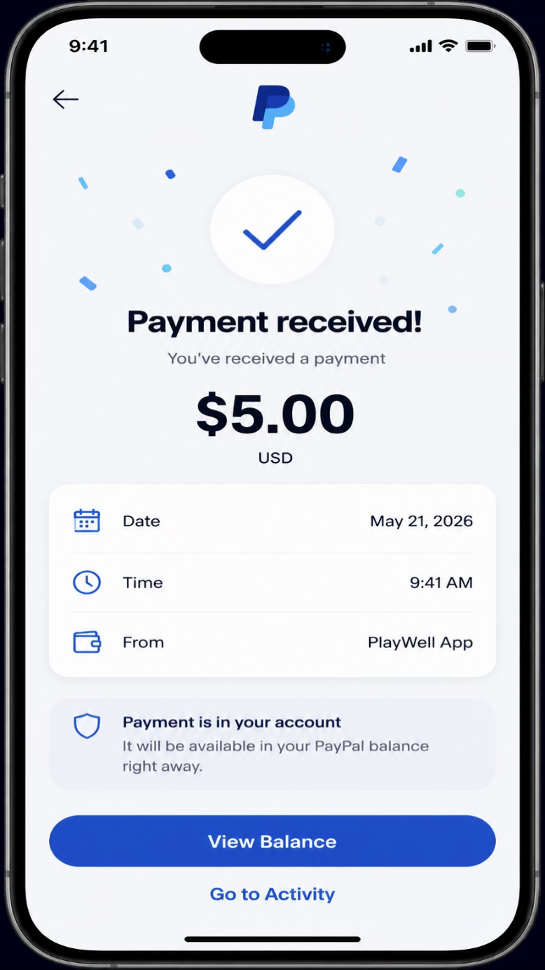 PlayWell cashout successful — small PayPal payout screen