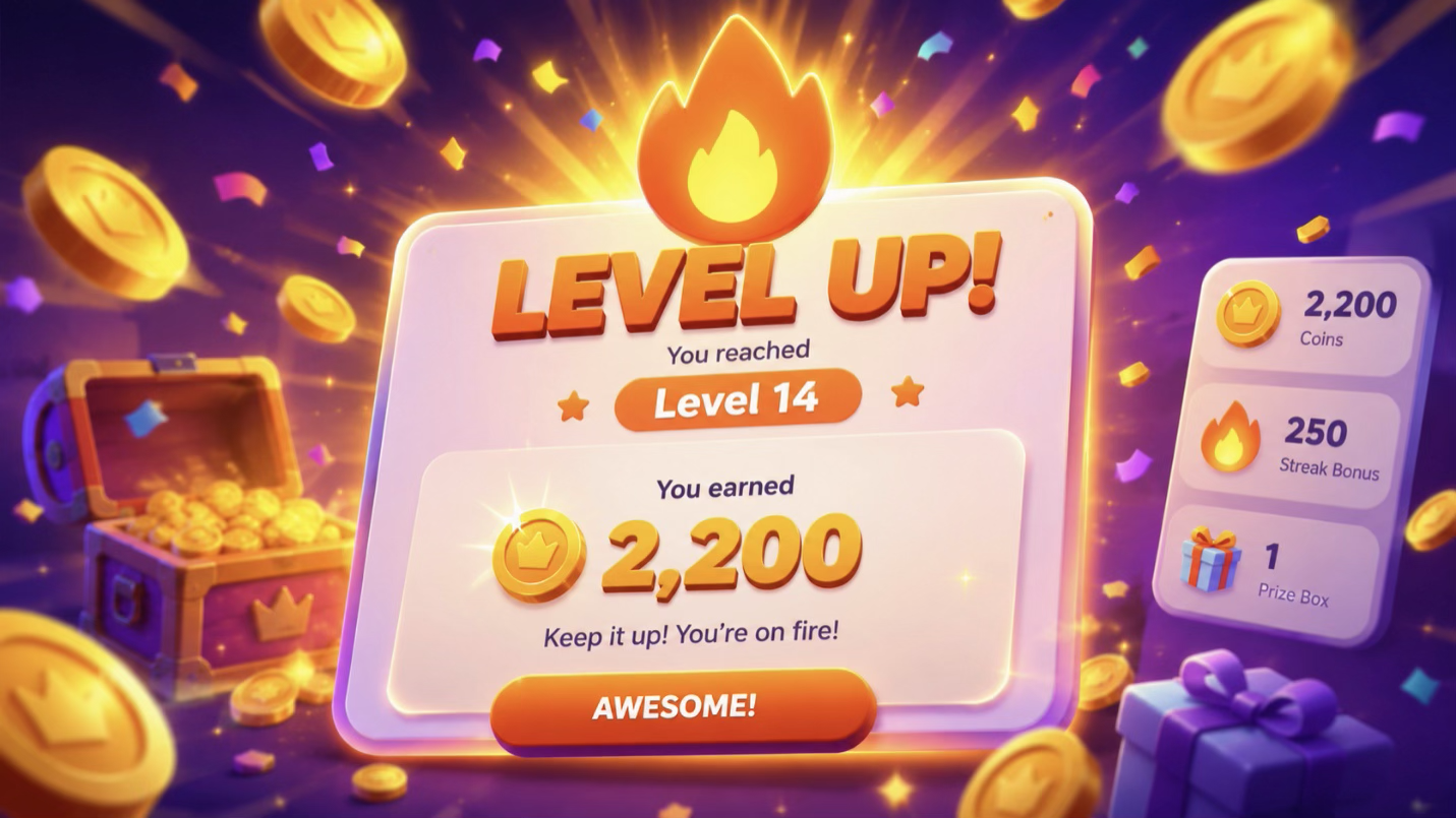 PlayWell giant coin counters, milestone rewards and flashy bonus popups