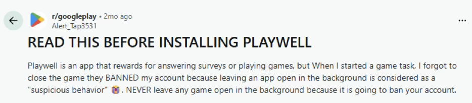 Reddit user review of PlayWell app