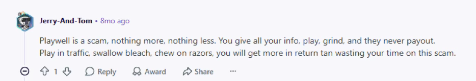 Reddit user review of PlayWell app