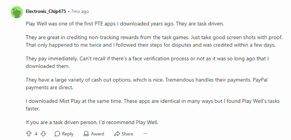 Reddit user review of PlayWell app