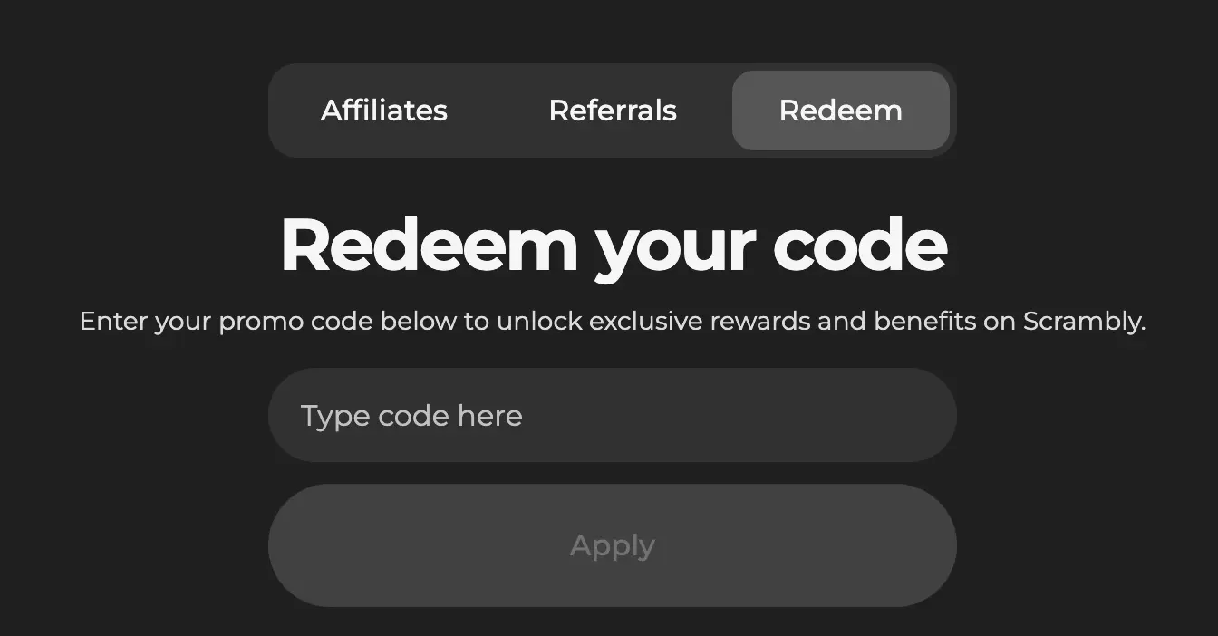 Scrambly redeem page view